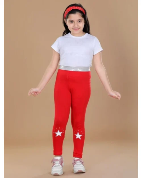 Generic Girl's Cotton Lycra Star Print Elasticated Leggings (Red)