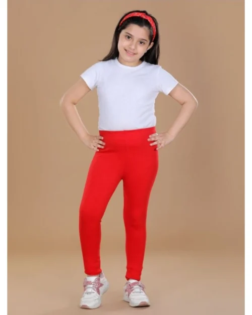 Generic Girl's Cotton Lycra Solid Elasticated Leggings (Red)