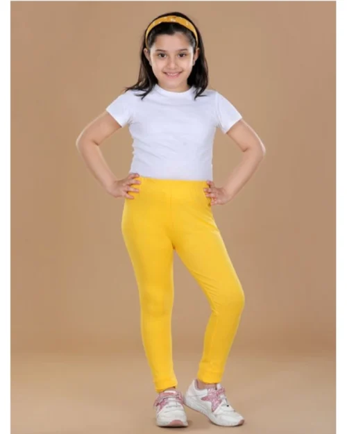 Generic Girl's Cotton Lycra Solid Elasticated Leggings (Yellow)