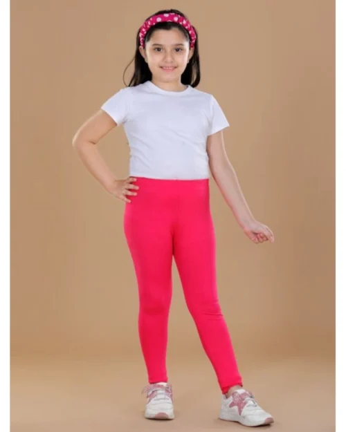 Generic Girl's Cotton Lycra Solid Elasticated Leggings (Dark Pink)