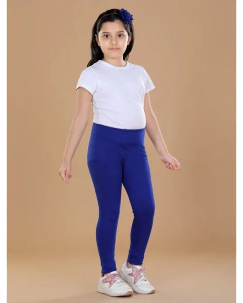 Generic Girl's Cotton Lycra Solid Elasticated Leggings (Blue)