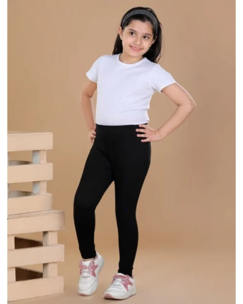 Generic Girl's Cotton Lycra Solid Elasticated Leggings (Black)