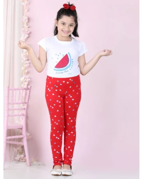 Generic Girl's Cotton Lycra Embellished Elasticated Leggings (Red)