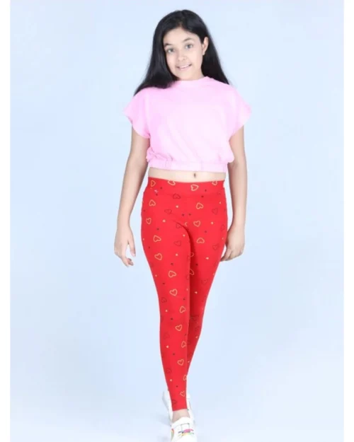 Generic Girl's Cotton Lycra Printed Elasticated Leggings (Red)