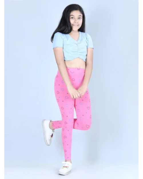 Generic Girl's Cotton Lycra Printed Elasticated Leggings (Light Pink)