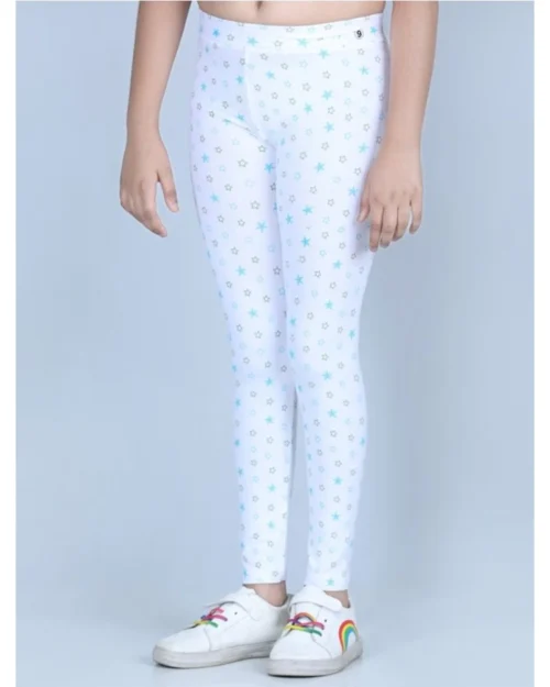 Generic Girl's Cotton Lycra Printed Elasticated Leggings (White)