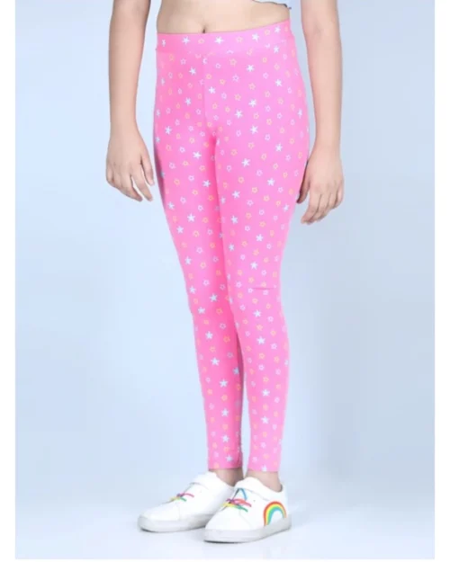 Generic Girl's Cotton Lycra Printed Elasticated Leggings (Pink)