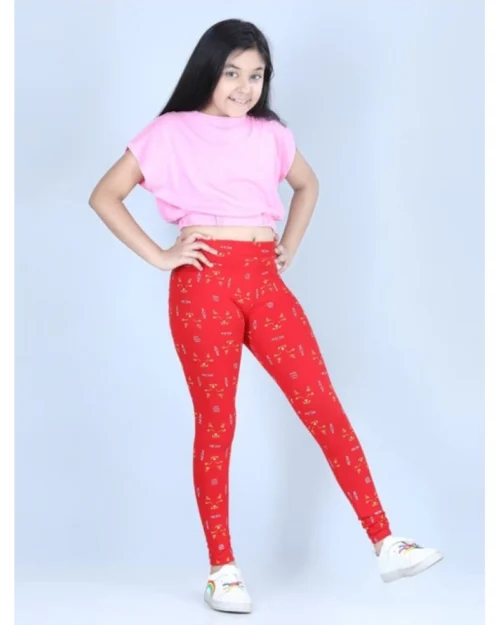 Generic Girl's Cotton Lycra Printed Elasticated Leggings (Red)