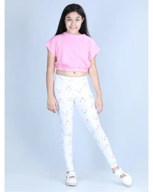 Generic Girl's Cotton Lycra Printed Elasticated Leggings (White)