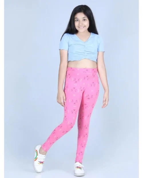 Generic Girl's Cotton Lycra Printed Elasticated Leggings (Pink)