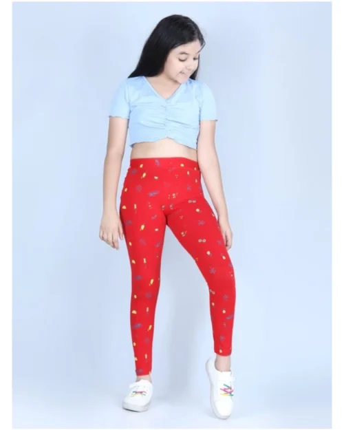 Generic Girl's Cotton Lycra Printed Elasticated Leggings (Red)