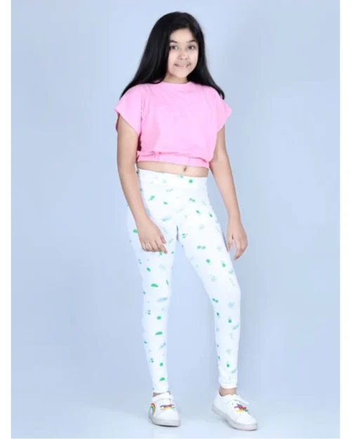 Generic Girl's Cotton Lycra Printed Elasticated Leggings (White)