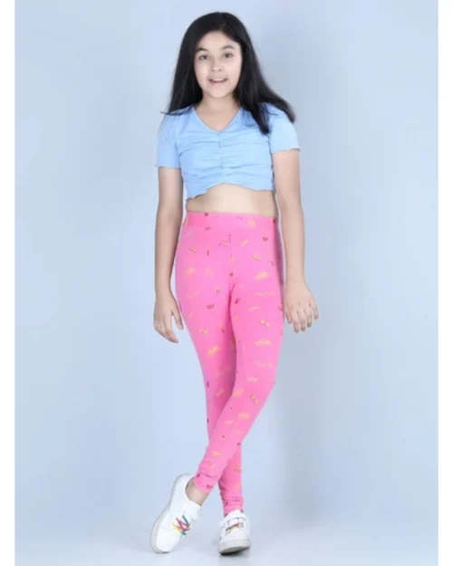 Generic Girl's Cotton Lycra Printed Elasticated Leggings (Pink)