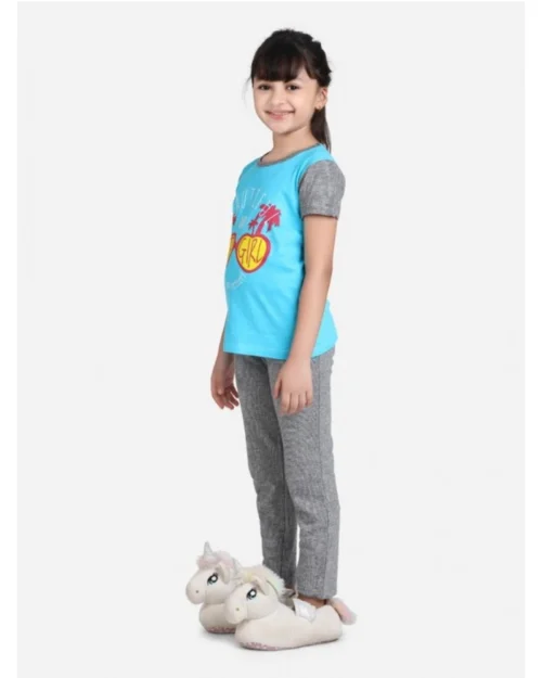 Generic Girl's Cotton Hosiery Printed Night Suit Set (Blue-Grey)