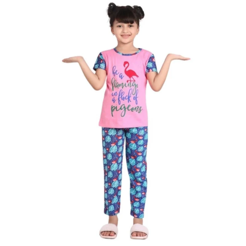 Generic Girl's Cotton Hosiery Printed Night Suit Set (Pink-Blue)