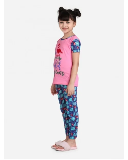 Generic Girl's Cotton Hosiery Printed Night Suit Set (Pink-Blue)