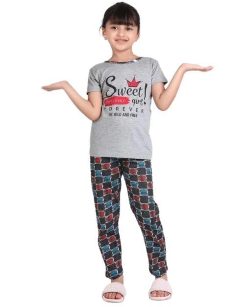 Generic Girl's Cotton Hosiery Printed Night Suit Set (Grey-Red)
