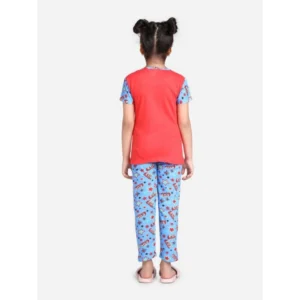 Generic Girl's Cotton Hosiery Printed Night Suit Set (Red-Blue)