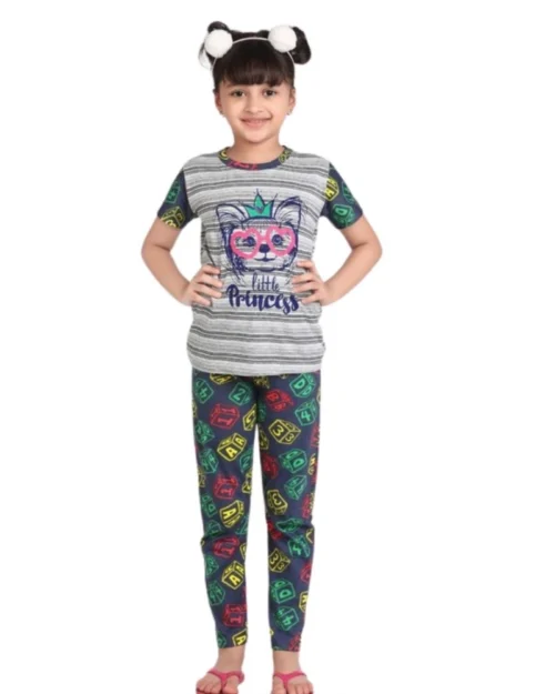Generic Girl's Cotton Hosiery Printed Night Suit Set (Grey-Green)