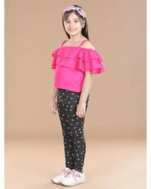 Generic Girl's Cotton Floral Elasticated Jegging and Top Set (Pink)