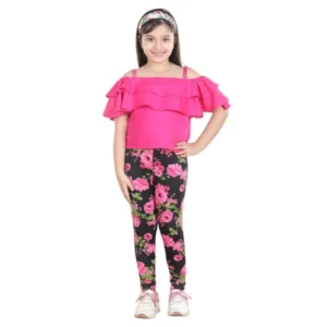 Generic Girl's Cotton Floral Elasticated Jegging and Top Set (Black-Pink)