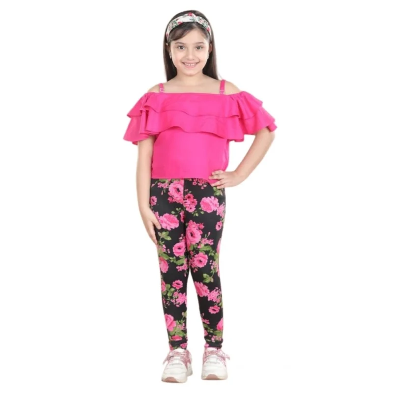Generic Girl's Cotton Floral Elasticated Jegging and Top Set (Black-Pink)