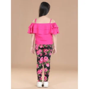 Generic Girl's Cotton Floral Elasticated Jegging and Top Set (Black-Pink)