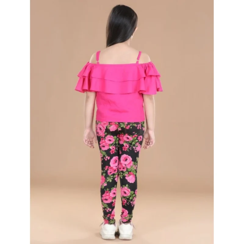 Generic Girl's Cotton Floral Elasticated Jegging and Top Set (Black-Pink)