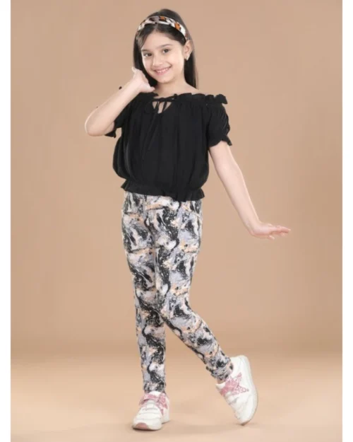 Generic Girl's Cotton Floral Elasticated Jegging and Top Set (Black)