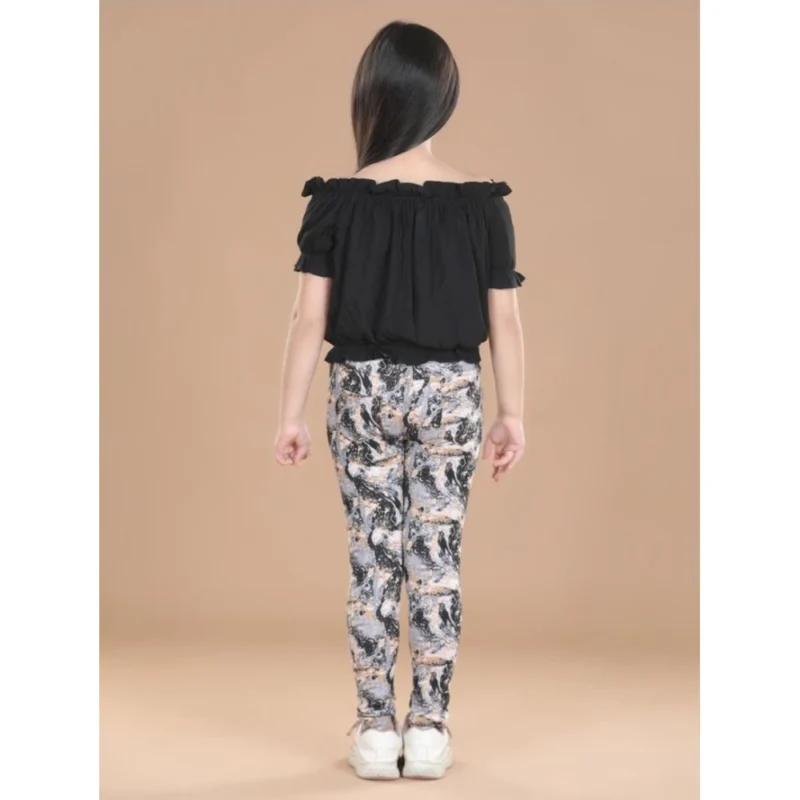 Generic Girl's Cotton Floral Elasticated Jegging and Top Set (Black)