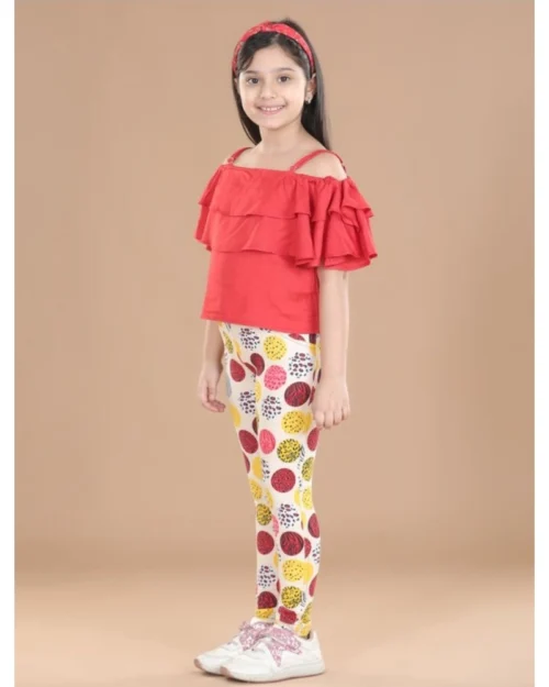 Generic Girl's Cotton Floral Elasticated Jegging and Top Set (Red)