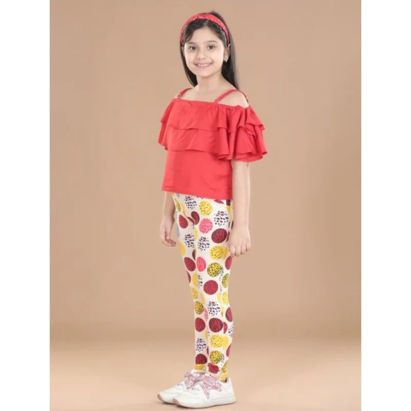 Generic Girl's Cotton Floral Elasticated Jegging and Top Set (Red)