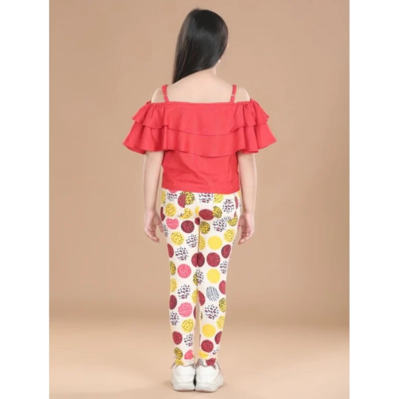 Generic Girl's Cotton Floral Elasticated Jegging and Top Set (Red)