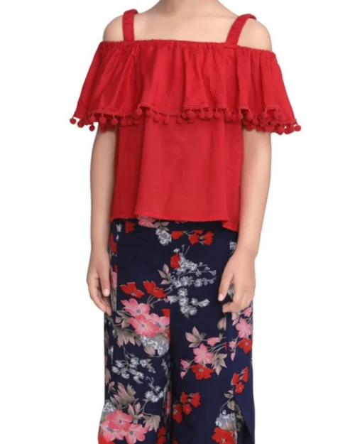 Generic Girl's Rayon Crepe Printed Cold Shoulder Top and Pants Set (Red-Navy)