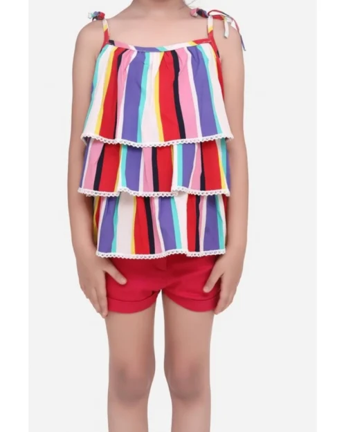 Generic Girl's Polyester Crepe Striped Tie Ups Shorts Set (Multicolor)