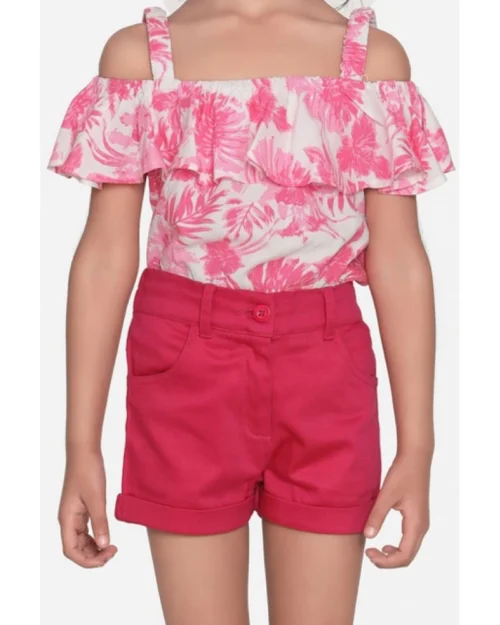 Generic Girl's Cotton Floral Cold Shoulder Top and Shorts Set (Pink-Red)