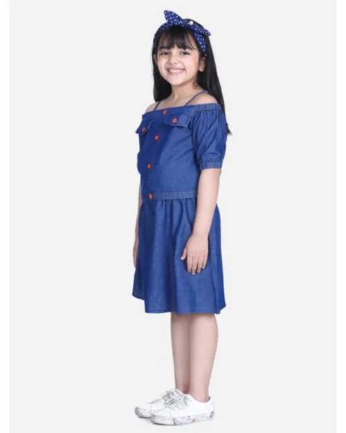 Generic Girl's Denim Solid Cold Shoulder Top and Skirt Set (Navy Blue)