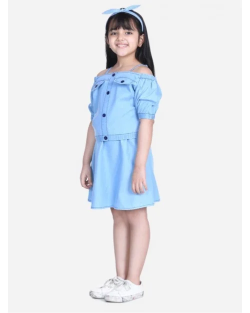 Generic Girl's Denim Solid Cold Shoulder Top and Skirt Set (Light Blue)
