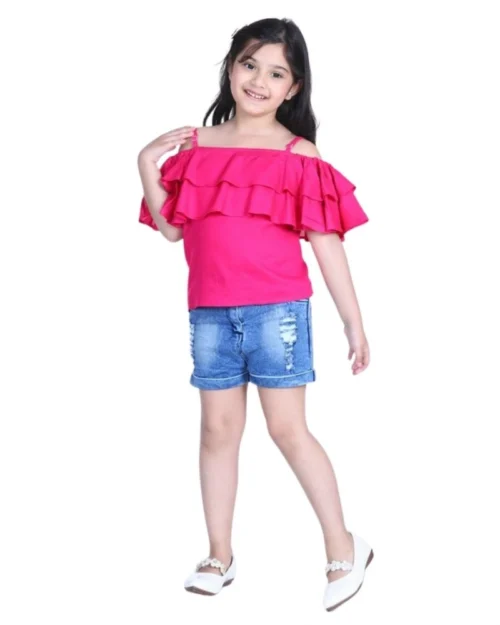 Generic Girl's Rayon Solid Cold Shoulder Top with Shorts (Pink-Blue)