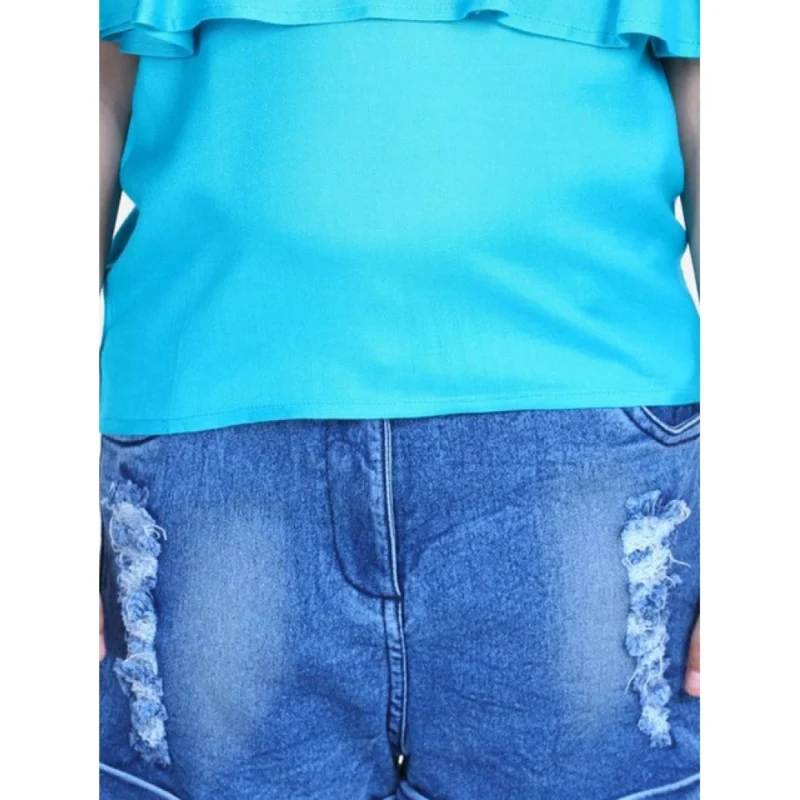 Generic Girl's Rayon Solid Cold Shoulder Top with Shorts (Blue)
