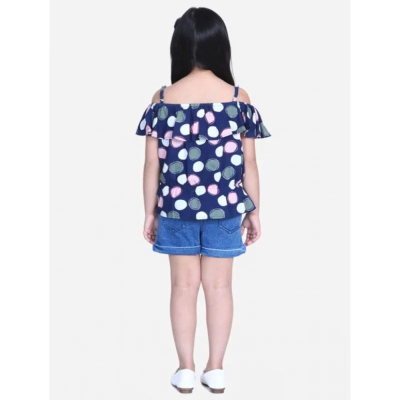 Generic Girl's Rayon Solid Cold Shoulder Top with Shorts (Navy Blue)