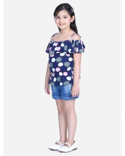 Generic Girl's Rayon Solid Cold Shoulder Top with Shorts (Navy Blue)