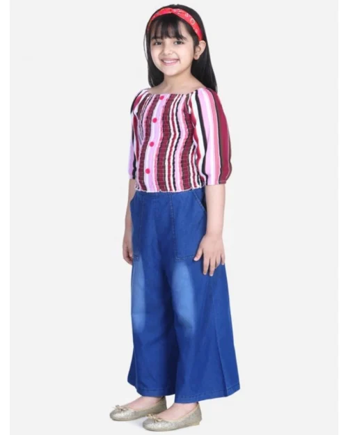 Generic Girl's Rayon Solid Bell Sleeve Top with Culottes (Purple-Blue)