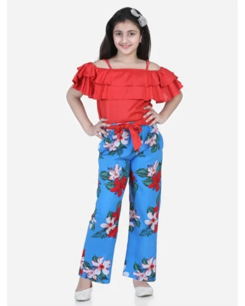 Generic Girl's Rayon Floral Short Sleeve Top and Trouser Set (Multicolor)