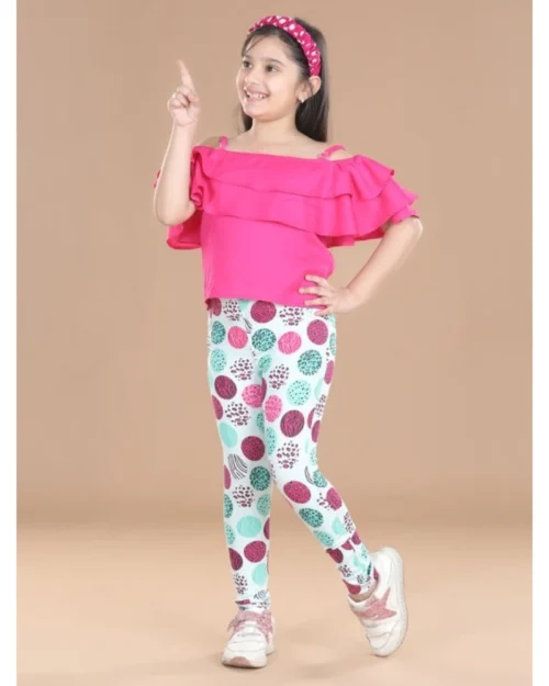 Generic Girl's Cotton Floral Elasticated Jegging and Top (Pink)