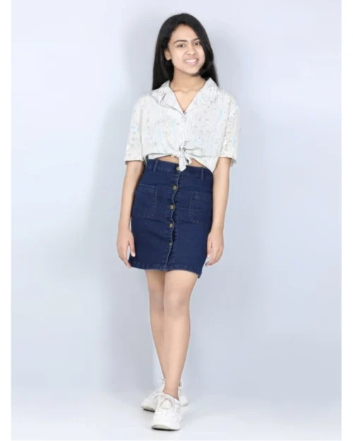 Generic Girl's Denim Solid Buttoned Skirt (Navy Blue)