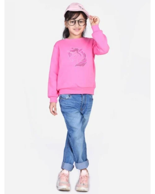 Generic Girl's Fleece Embellished Long Sleeves Sweatshirt (Pink)