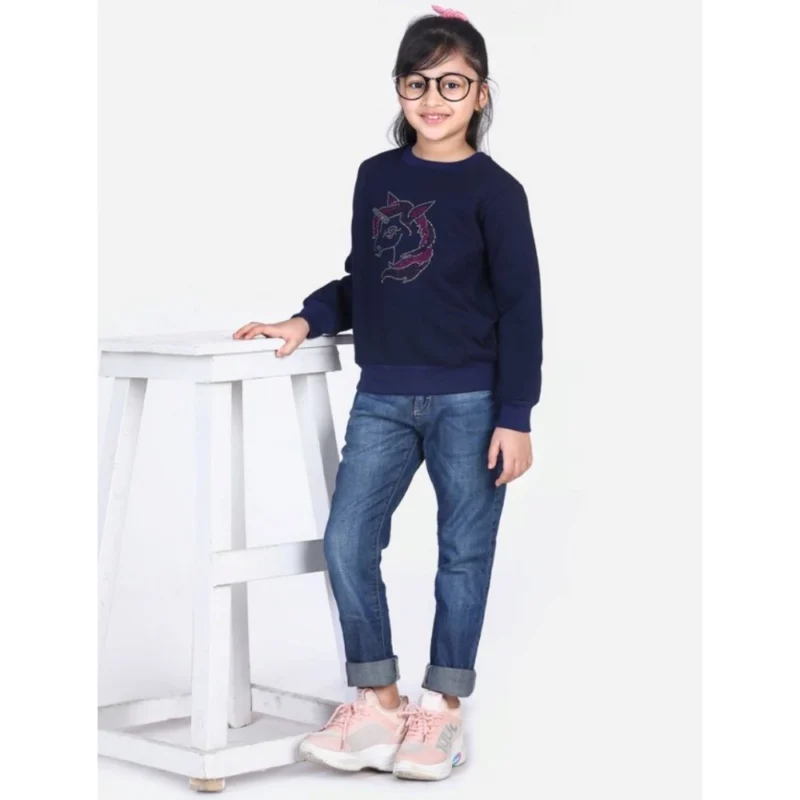 Generic Girl's Fleece Embellished Long Sleeves Sweatshirt (Navy Blue)