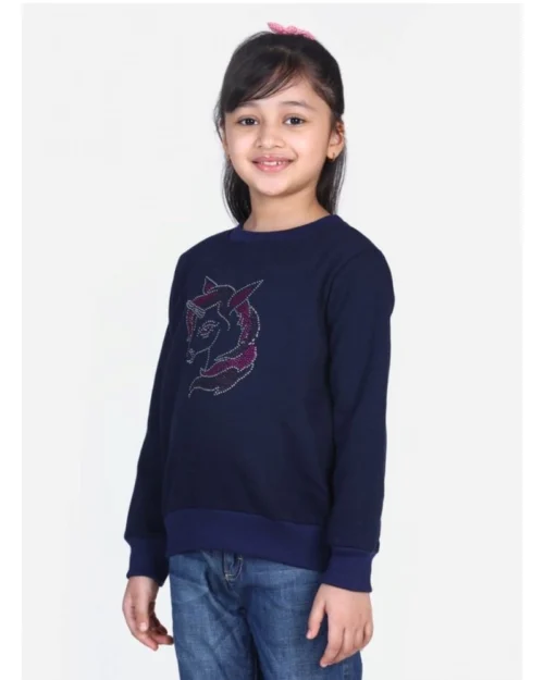 Generic Girl's Fleece Embellished Long Sleeves Sweatshirt (Navy Blue)