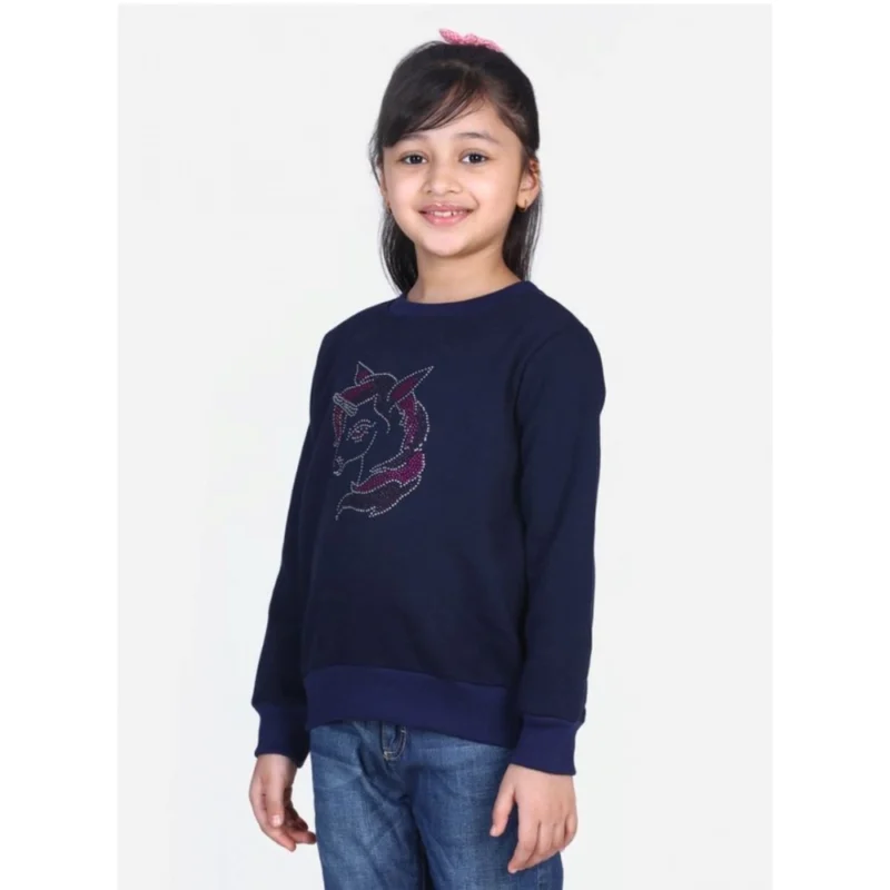 Generic Girl's Fleece Embellished Long Sleeves Sweatshirt (Navy Blue)